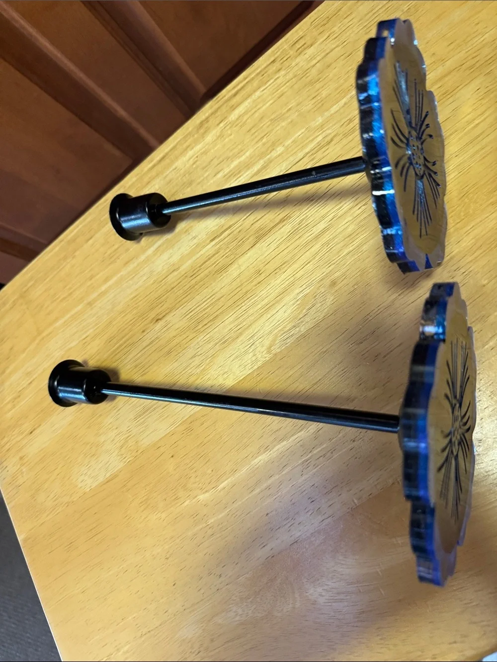Black Metal Candlestick Holders with Blue Accent Bases. Homemade set of 2